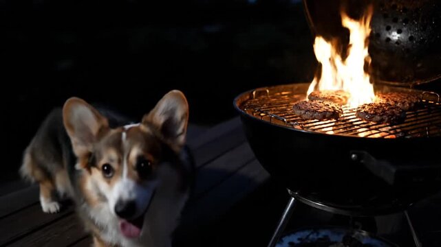 A curious corgi stands beside a lit charcoal grill on a deck at night