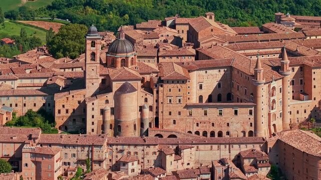 Aerial view of Urbino medieval walled city and castle in Marche