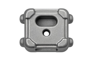 Close-up of a metallic industrial component with a central hole and an oval opening