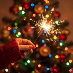 Hand holding sparkler in front of blurred christmas tree with colorful lights