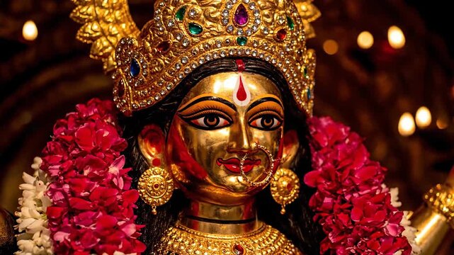 Golden Durga Idol Adorned with Flowers and Jewelry During Festival