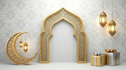 Eid mubarak decorative background with crescent moon and gifts