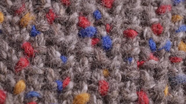 Detailed Macro Shot of a Multicolored Knitted Fabric Texture.