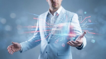 Man in light blue suit presents a glowing digital architectural blueprint of a house with data streams