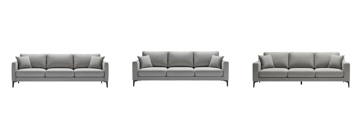 Obraz premium Set of Three Modern Grey Fabric Sofas with Pillows Isolated on White Background for Interior Furniture Design