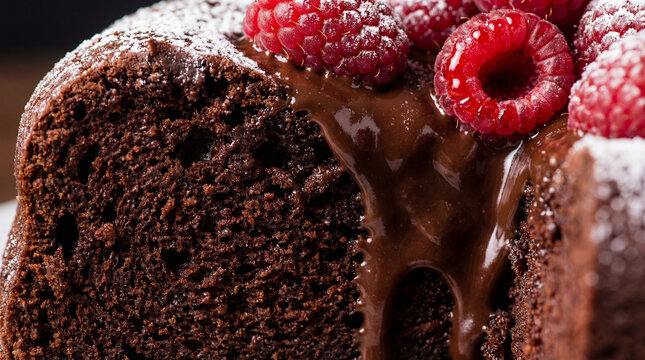 Chocolate cake with raspberry and glaze, close up, powdered sugar, moist texture, rich chocolate drizzle, appetizing dessert