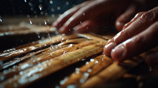 Hands working with wet wooden slats