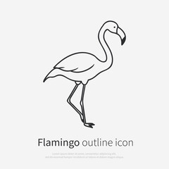Black and white flamingo outline icon illustration standing in side view. Cute flamingo line art. Vector isolated on white background, perfect for kids designs, nursery art, logos, stickers, posters
