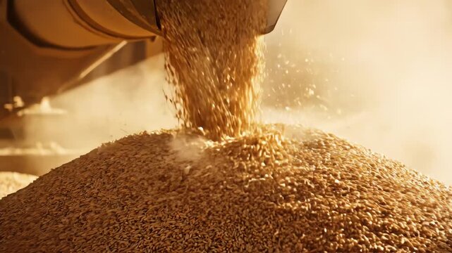 Golden harvested grain pours from a combine's chute, creating a large, dusty pile in a dramatic, warm close-up shot at an agricultural facility.