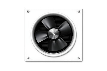 Modern white ventilation fan with black blades and metallic center detail