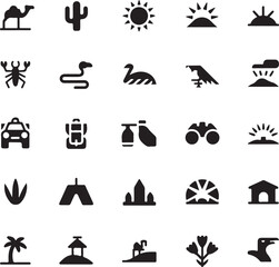 black silhouettes of various desert and travel related objects and animals