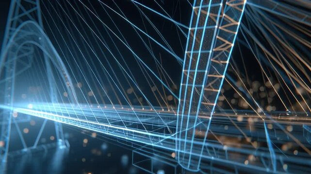 Glowing blue lines and neon lights on a futuristic bridge at night