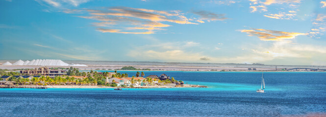 Saltworks beahing coral reefs and white sand beaches on the resort island of Bonaire, Southern Caribbean sea