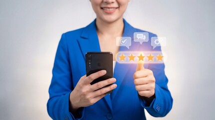Woman holding a smartphone with glowing rating stars and thumbs up gesture digitally displayed