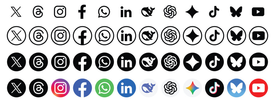 Social media icon set, social network logos, facebook, instagram, x, youtube, whatsapp, linkedIn, telegram, bluesky. New Artificial Intelligence ai apps: chatgpt, deepseek, google gemini. eps file.