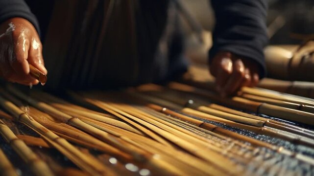 Craftsman weaving on a traditional loom with bamboo threads