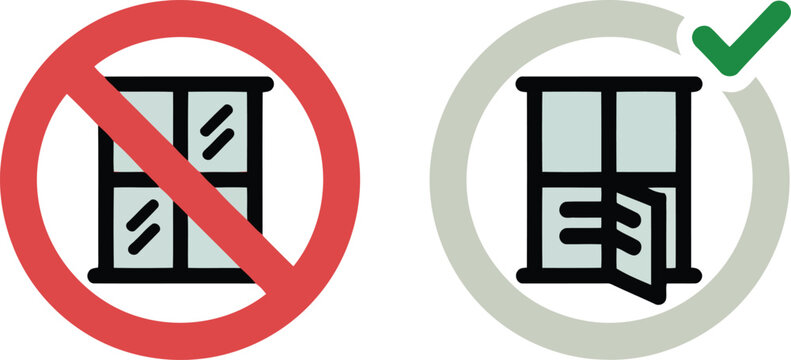 Simple colored icons illustrating a closed window prohibited and an open window for proper room ventilation