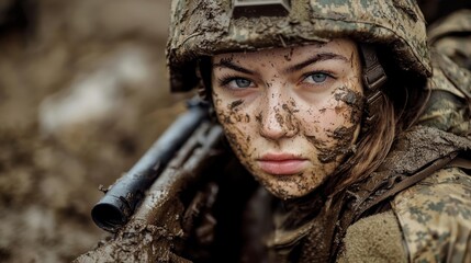 Muddy soldier woman portrait