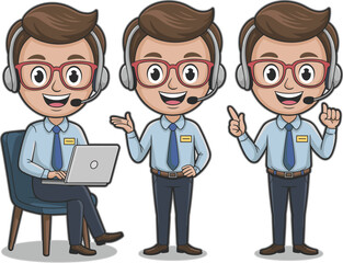Fototapeta premium Title (15–25 words): Cartoon customer support agent with headset and laptop, friendly call center representative in different poses, flat office character illustration isolated on white background