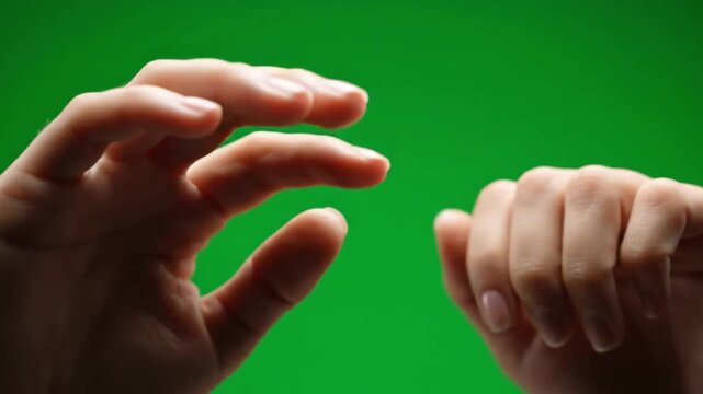 Closeup of two hands reaching towards each other on green background