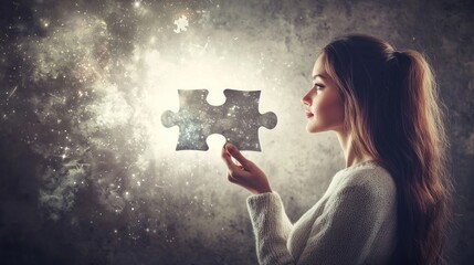 Woman holding cosmic puzzle piece