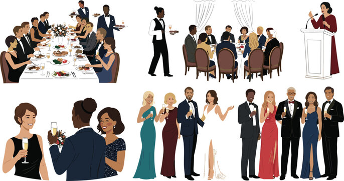 Formal Gala Dinner and Corporate Event Illustration Set with Guests, Banquet Table, Speech Podium and Celebration Party Scenes