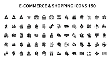 Vector set of 150 e-commerce and shopping icons in solid black, including user profiles, shopping carts, store fronts, delivery trucks, and payment methods, isolated on white background.