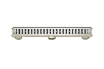 Modern linear shower drain with stainless steel grate and beige plastic base