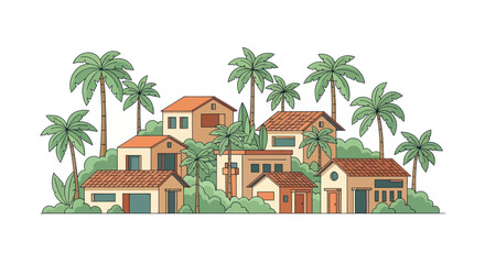 Tropical Village Scene with Palm Trees and Houses