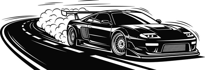 Drifting Sports Car Vector Illustration, High Performance Supercar Sliding on Curved Highway with Tire Smoke, Black and White Design