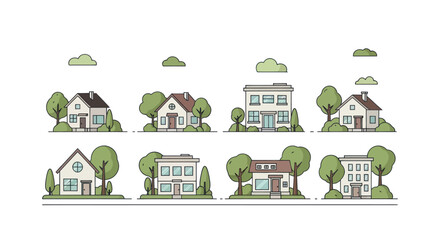 Set of cartoon houses with trees and clouds, flat design, isolated on white background
