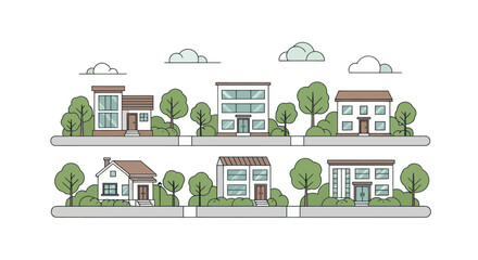 Modern suburban houses with trees and clouds, flat design vector illustration