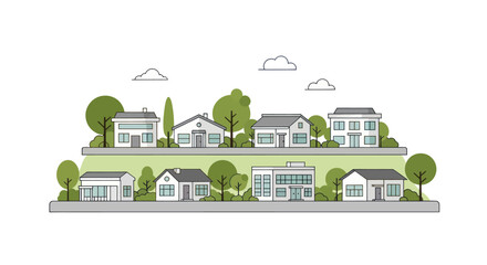 Suburban Neighborhood Houses Illustration with Trees and Clouds