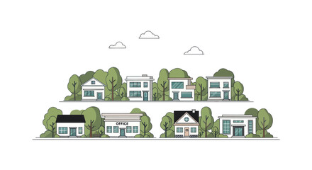 Charming Row of Diverse Houses and Trees in a Stylized Neighborhood Illustration