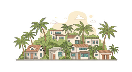 Tropical Village Scene: Charming Houses Surrounded by Lush Greenery and Palm Trees