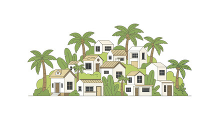 Tropical Village Illustration: Cozy Houses Amidst Palm Trees and Lush Greenery