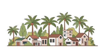 Tropical village with palm trees and houses, flat illustration, summer landscape