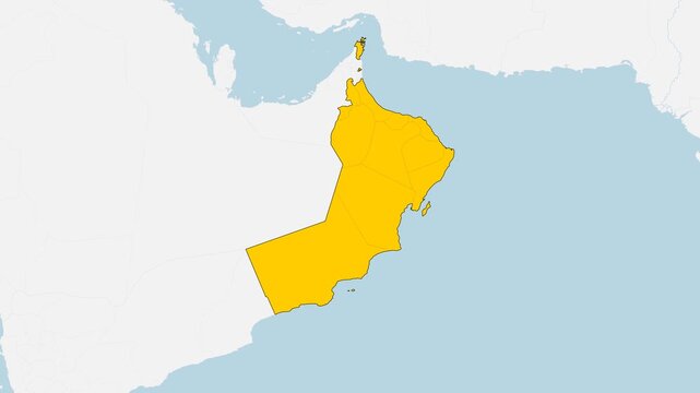 3D Animated Map of Oman - Smooth Zoom In Effect, 4K UHD Yellow Highlighted Mainland
