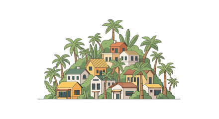 Tropical Island Village with Palm Trees and Colorful Houses