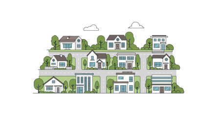 Diverse Suburban Neighborhood with Modern and Traditional Houses, Trees, and Streets