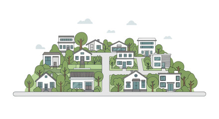 Diverse modern houses on a green hill, illustration, suburban neighborhood, clean design