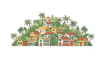Tropical Village Clustered on Hillside with Palm Trees