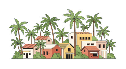 Tropical Village Scene with Palm Trees and Colorful Houses