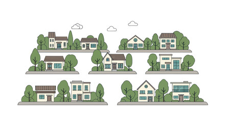 Charming Neighborhood Houses: Diverse Architectural Styles in a Green Setting