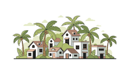Tropical Village with Palm Trees - Flat Design Illustration