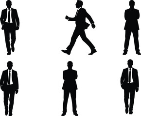 Group of six black silhouettes of businessmen in suits, some standing with arms crossed and others walking.