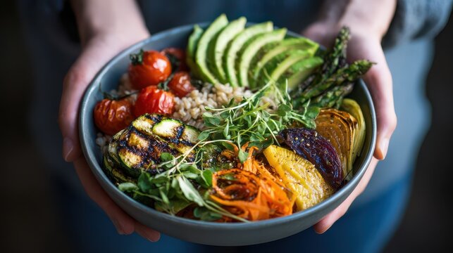 Healthy plant-based Buddha bowl with avocado, roasted tomatoes, grilled zucchini, and microgreens held in hands