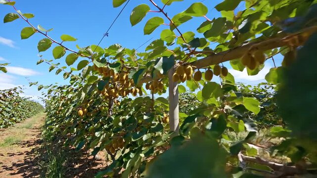 Vibrant low-angle view of ripening kiwi fruit clusters hanging from a sturdy trellis system, cultivated in long agricultural rows under a bright, sunny blue sky in a commercial orchard.