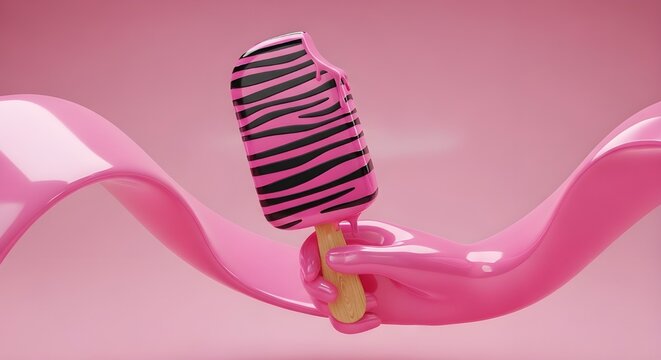 Vibrant 3D render featuring a trendy pink and black tiger-striped popsicle, artfully presented by a matching hand with a flowing pink backdrop, a playful dessert concept