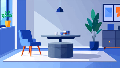 Minimalist interior scene with blue armchair, round table, plant, and wall art